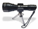 Black flashlight with a tripod attachment on a white background, branded 'Sunlance'.