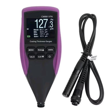 CM8811FN coating thickness gauge showing measurement statistics with external probe