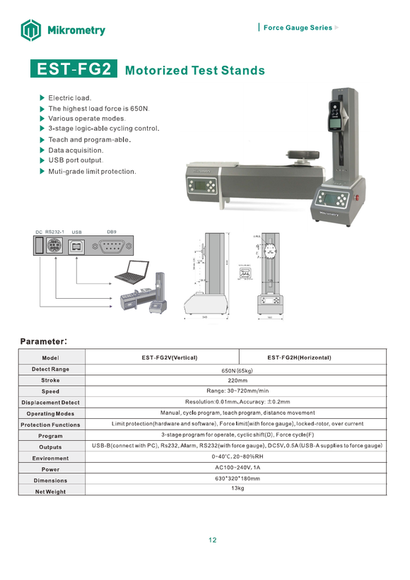 Mikrometry EST-FG2 Motorized Force Test Stand specifications