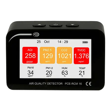 Air Quality Meter | CO?, HCHO, TVOC, PM1/2.5/10, Temperature & Humidity Analyzer – PCE-RCM 16