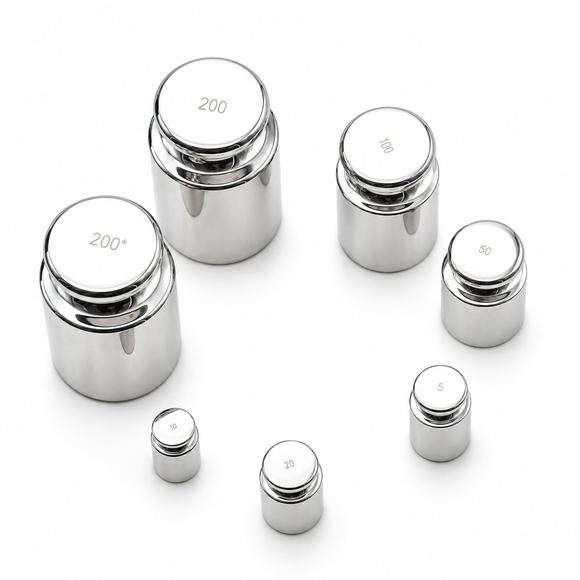 Representative stainless steel reference weight assortment; complete kit contents vary by model